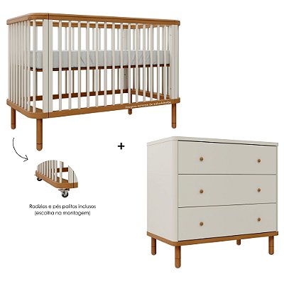 Conjunto Berço + Cômoda Joy - Areia / Madeira