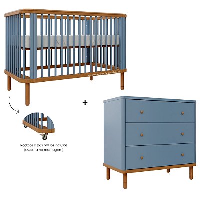 Conjunto Berço + Cômoda Joy - Azul Sereno / Madeira