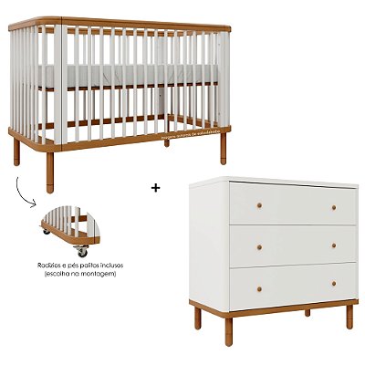 Conjunto Berço + Cômoda Joy - Branco / Madeira