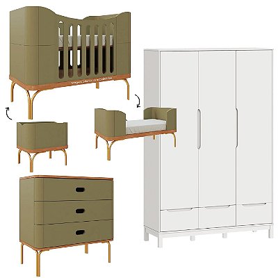 Quarto Completo - Berço 3 Em 1 Aquarela Cacto + Cômoda Aquarela Cacto + Roupeiro 3 Portas Cozy Branco Fosco - prontaentrega
