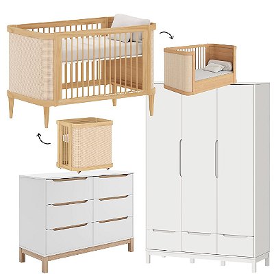 Quarto Completo - Berço 3 em 1 Paglia + Cômoda Cozy + Roupeiro 3 Portas Cozy - Branco / Carvalho - prontaentrega