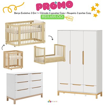 Quarto Completo - Berço Carvalho 3 em 1 + Cômoda 6 Gavetas Cozy + Roupeiro 3 Portas Cozy - Branco com Carvalho - prontaentrega