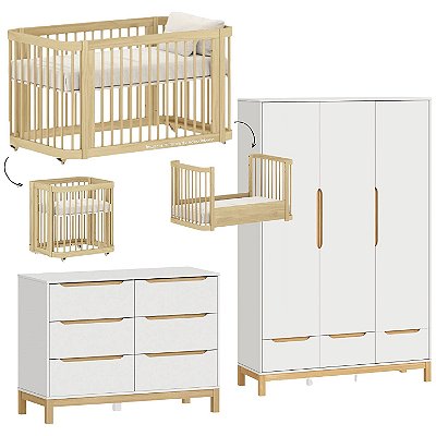 Quarto Completo - Berço Carvalho 3 em 1 + Cômoda 6 Gavetas Cozy + Roupeiro 3 Portas Cozy - Branco com Carvalho - prontaentrega