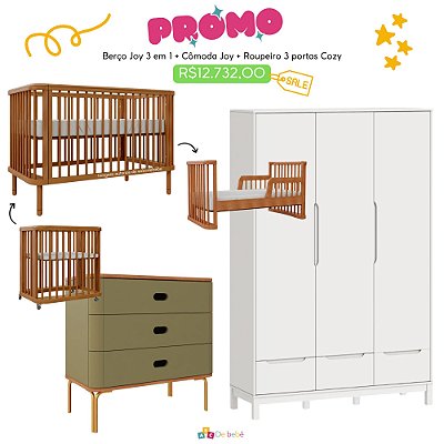 Quarto Completo - Berço Joy 3 Em 1 Madeira + Cômoda Aquarela Cacto + Roupeiro 3 Portas Cozy Branco Fosco - prontaentrega