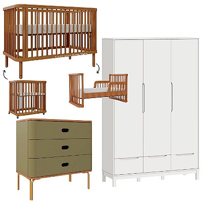 Quarto Completo - Berço Joy 3 Em 1 Madeira + Cômoda Aquarela Cacto + Roupeiro 3 Portas Cozy Branco Fosco - prontaentrega