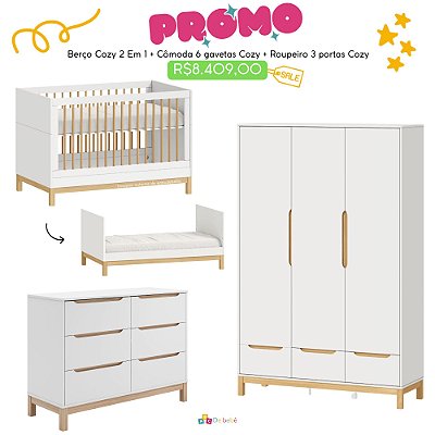 Quarto Completo - Cozy - Berço + Cômoda 6 Gavetas + Roupeiro 3 Portas - Branco Com Carvalho Malva - prontaentrega