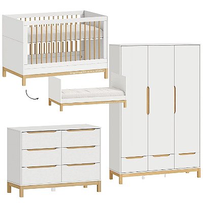 Quarto Completo - Cozy - Berço + Cômoda 6 Gavetas + Roupeiro 3 Portas - Branco Com Carvalho Malva - prontaentrega