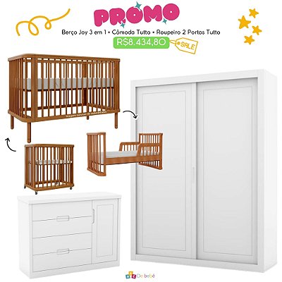 Quarto Completo - Berço Joy 3 Em 1 Madeira + Cômoda Tutto Branco Soft + Roupeiro Tutto 2 Portas Branco Fosco - prontaentrega