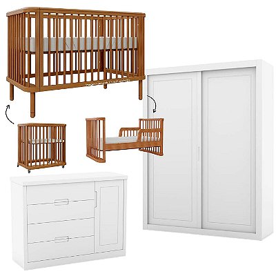 Quarto Completo - Berço Joy 3 Em 1 Madeira + Cômoda Tutto Branco Soft + Roupeiro Tutto 2 Portas Branco Fosco - prontaentrega