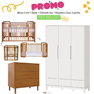Quarto Completo - Berço Sleep 3 Em 1 Madeira + Cômoda Joy Madeira + Roupeiro 3 Portas Cozy Branco Fosco - prontaentrega