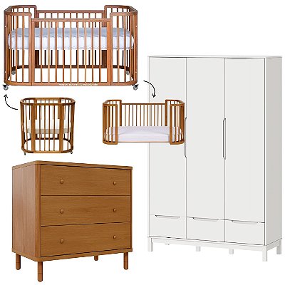 Quarto Completo - Berço Sleep 3 Em 1 Madeira + Cômoda Joy Madeira + Roupeiro 3 Portas Cozy Branco Fosco - prontaentrega