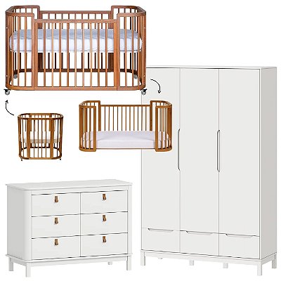Quarto Completo - Berço Sleep 3 Em 1 Madeira + Cômoda Cromo Branco Fosco + Roupeiro 3 Portas Cozy Branco Fosco - prontaentrega