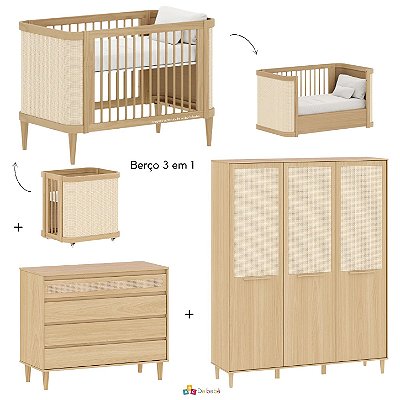 Quarto Completo Paglia - Berço 3 Em 1 + Cômoda + Roupeiro 3 Portas - Carvalho Malva
