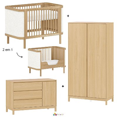 Quarto Completo Soley - Berço 2 Em 1 + Cômoda Com Porta + Guarda-Roupa 2 Portas - Carvalho Malva