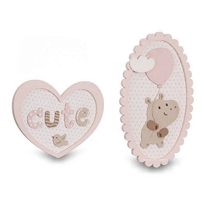 Kit 2 Quadros Com Hipoppótamo Com Balão E Passarinho - Fofura - 117050