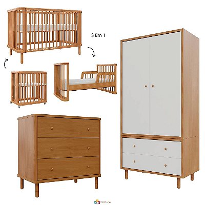Quarto Completo Joy - Berço 3 Em 1 + Cômoda 3 Gavetas + Guarda-Roupa 2 Portas - Madeira / Madeira Branco