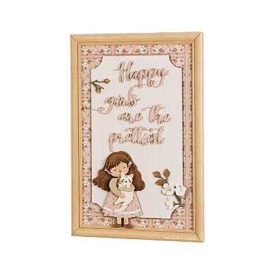 Quadro Infantil M Menininha Com Flores E Gatinho - Revoada - 118024