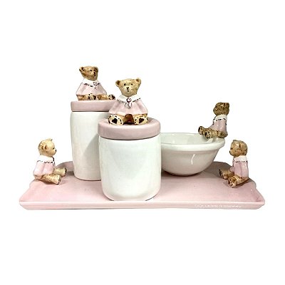 Kit Higiene De Cerâmica 4 Peças - Ursa Robby/Rosa Bebê - prontaentrega