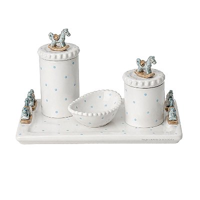 Kit Higiene De Cerâmica 4 Peças - Cavalinho Baby/Branco/Poá Azul