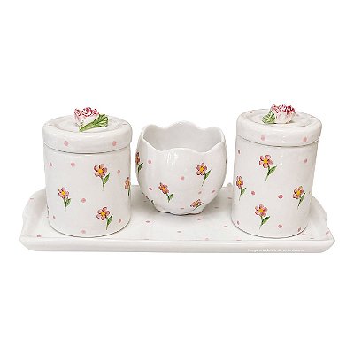 Kit Higiene De Cerâmica 4 Peças - Flor Pequena
