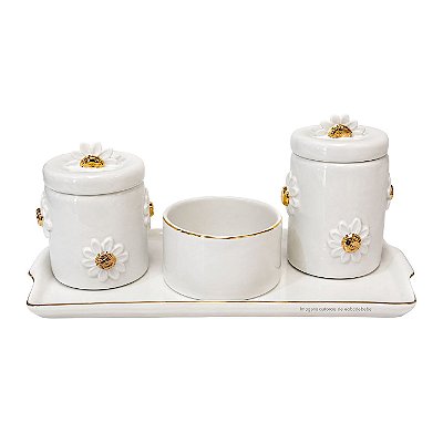 Kit Higiene De Cerâmica 4 Peças - Margarida Off White/Dourado