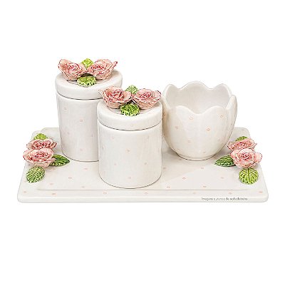 Kit Higiene De Cerâmica 4 Peças - Poá Com Rosas