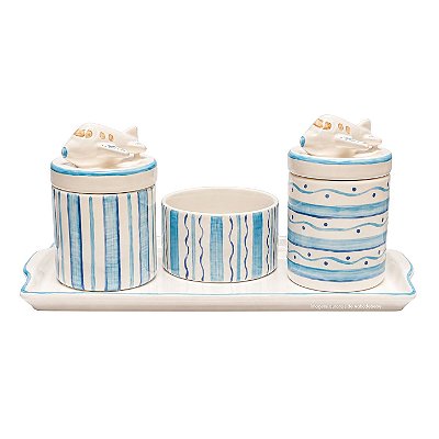 Kit Higiene De Cerâmica 4 Peças - Aviãozinho Branco/Azul