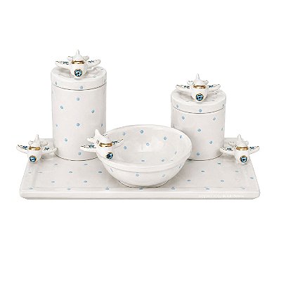 Kit Higiene De Cerâmica 4 Peças - Aviãozinho/Azul Bebê Com Poá