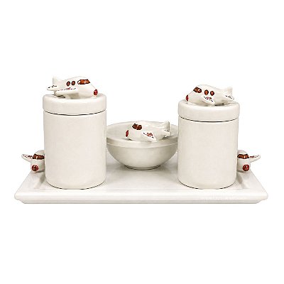 Kit Higiene De Cerâmica 4 Peças - Aviãozinho Off White