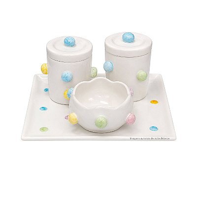 Kit Higiene De Cerâmica 4 Peças - Bolinhas Coloridas