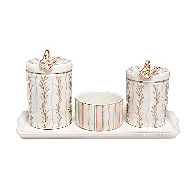 Kit Higiene De Cerâmica 4 Peças - Borboleta/Rosa/Ouro