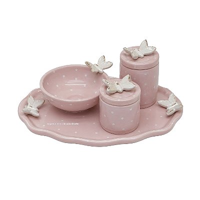 Kit Higiene De Cerâmica 4 Peças - Borboleta/Rosa Bebê/Poá
