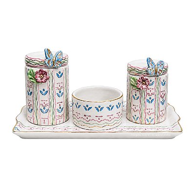 Kit Higiene De Cerâmica 4 Peças - Borboleta/Flor/Dourado