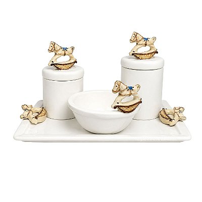 Kit Higiene De Cerâmica 4 Peças - Cavalinho Baby/Sela Azul Claro
