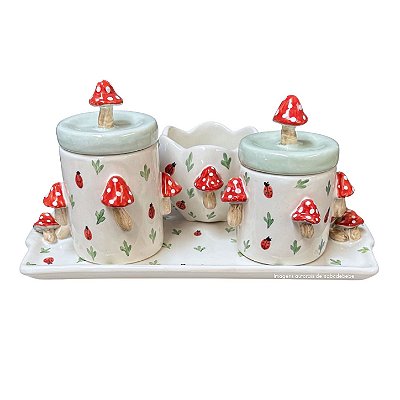kit Higiene De Cerâmica 4 Peças - Cogumelos