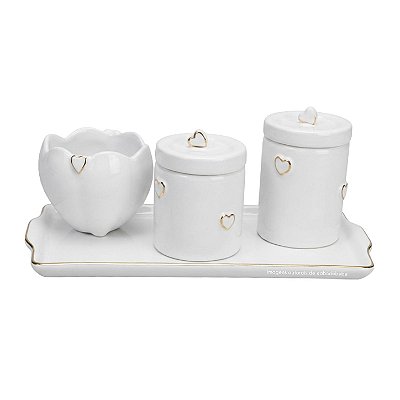 kit Higiene De Cerâmica 4 Peças - Branco Com Corações Dourado