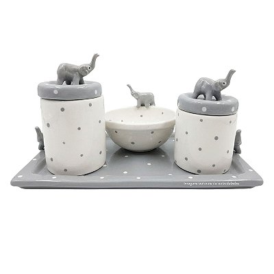 kit Higiene De Cerâmica 4 Peças - Elefante Cinza/Poá