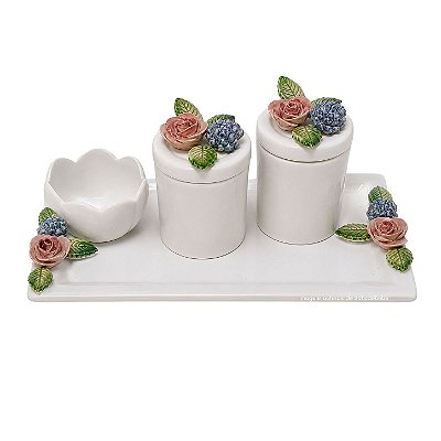 kit Higiene De Cerâmica 4 Peças - Floral/Branco