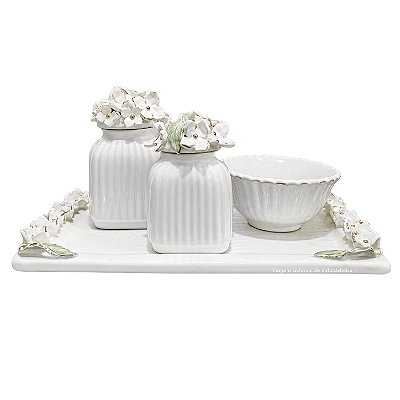 kit Higiene De Cerâmica 4 Peças - Hortensia/Off White/Dourado