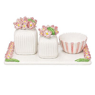kit Higiene De Cerâmica 4 Peças - Hortensia/Rosa/Listrado