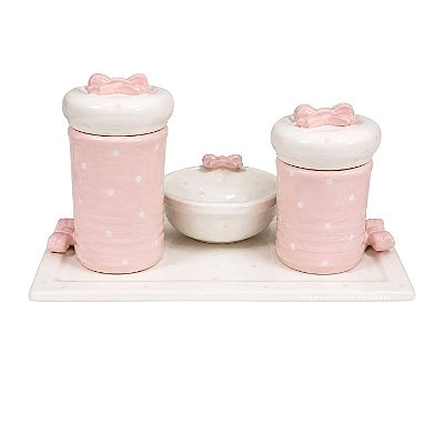 kit Higiene De Cerâmica 4 Peças - Laço/Rosa Bebê/Poá