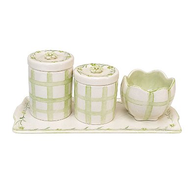 kit Higiene De Cerâmica 4 Peças - Listrado/Xadrez/Verde Claro
