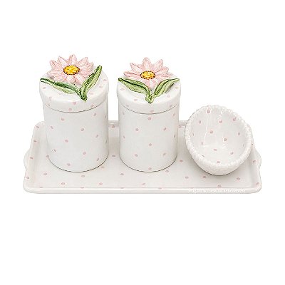 kit Higiene De Cerâmica 4 Peças - Margarida/Poá Rosa