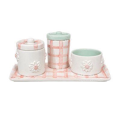 kit Higiene De Cerâmica 4 Peças - Margarida/Xadrez/Rosa