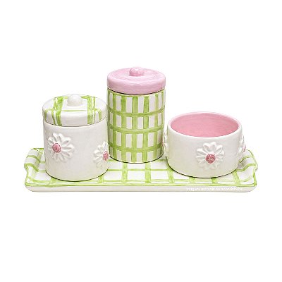 kit Higiene De Cerâmica 4 Peças - Margarida/Xadrez/Verde Claro