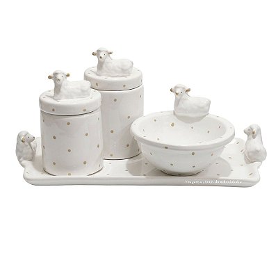 Kit Higiene De Cerâmica 4 Peças - Ovelha/Branco Com Poá