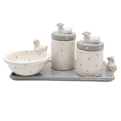 Kit Higiene De Cerâmica 4 Peças - Ovelha/Cinza Com Poá