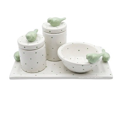 Kit Higiene De Cerâmica 4 Peças - Passarinho/Poá Malva