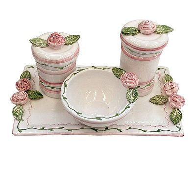 Kit Higiene De Cerâmica 4 Peças - Rosas/Off White