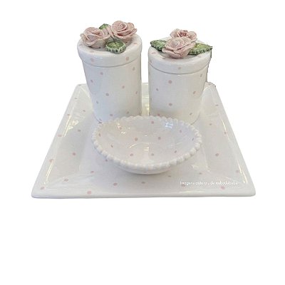 Kit Higiene De Cerâmica 4 Peças - Poá/Rosas